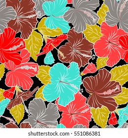 Vector hibiscus in orange, yellow and red colors on a black background. Seamless pattern with tropical flowers.
