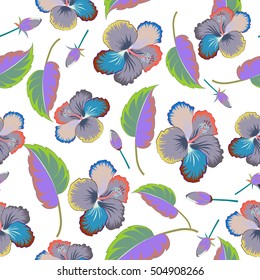 Vector hibiscus pattern. Colorful floral seamless pattern with hibiscus flowers, watercolor hand drawing style on white background. Design for invitation, wedding or greeting cards.