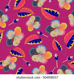 Vector hibiscus pattern. Colorful floral seamless pattern with hibiscus flowers, watercolor hand drawing style on purple background. Design for invitation, wedding or greeting cards.