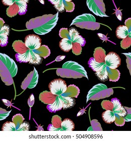 Vector hibiscus pattern. Colorful floral seamless pattern with hibiscus flowers, watercolor hand drawing style on black background. Design for invitation, wedding or greeting cards.