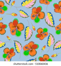 Vector hibiscus pattern. Colorful floral seamless pattern with hibiscus flowers, watercolor hand drawing style on blue background. Design for invitation, wedding or greeting cards.