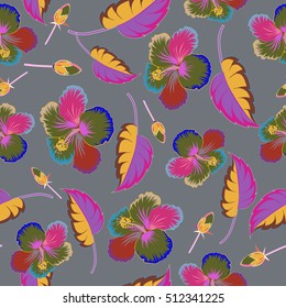 Vector hibiscus pattern. Colorful floral seamless pattern with hibiscus flowers, watercolor hand drawing style on gray and beige background. Design for invitation, wedding or greeting cards.
