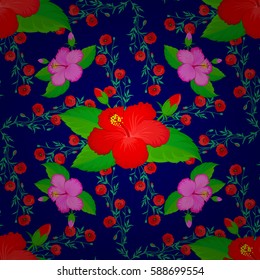 Vector hibiscus pattern. Colorful floral seamless pattern with hibiscus flowers, watercolor hand drawing style on blue background. Design for invitation, wedding or greeting cards.