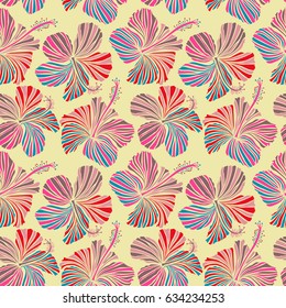 Vector hibiscus pattern. Colorful floral with hibiscus flowers, watercolor hand drawing style on beige background. Design for invitation, wedding or greeting cards.