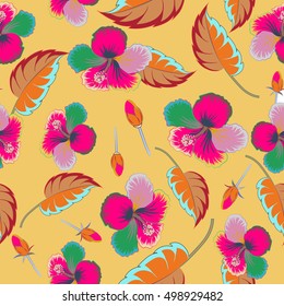Vector hibiscus pattern. Multicolored floral seamless pattern with hibiscus flowers, watercolor hand drawing style on yellow background. Design for invitation, wedding or greeting cards.