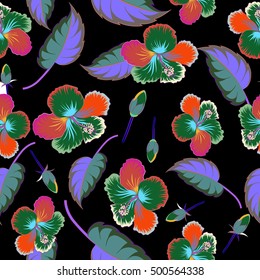 Vector hibiscus pattern. Multicolored floral seamless pattern with hibiscus flowers, watercolor hand drawing style on black background. Design for invitation, wedding or greeting cards.