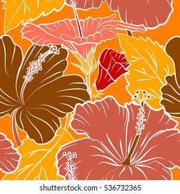 Vector hibiscus pattern. Multicolored floral seamless pattern with hibiscus flowers, watercolor hand drawing style on orange background. Design for invitation, wedding or greeting cards.