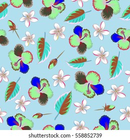 Vector hibiscus pattern on a neutral background. Seamless pattern with tropical flowers in watercolor style.