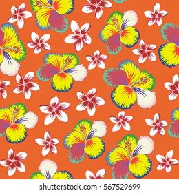 Vector hibiscus pattern on a orange background. Seamless pattern with tropical multicolor flowers, leaves and buds in watercolor style.