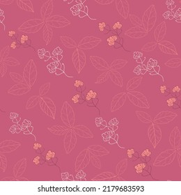Vector hibiscus pink flowers with line art leaves elegant seamless pattern background with hand drawn elements