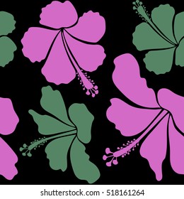 Vector hibiscus in pink and green colors on a black background. Seamless pattern with tropical flowers in watercolor style.
