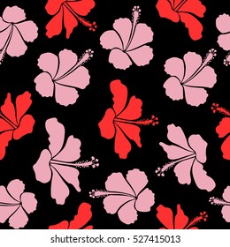 Vector hibiscus in pink and red colors on a black background. Seamless pattern with tropical flowers in watercolor style.