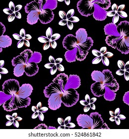 Vector hibiscus in pink, violet and white colors on a black background. Seamless pattern with tropical flowers in watercolor style.