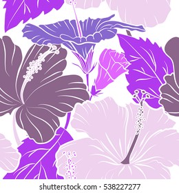 Vector hibiscus in purple and violet colors on a white background. Seamless pattern with tropical flowers in watercolor style.