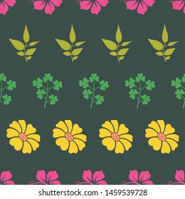 Vector hibiscus and sunflower with leaf horizontal stripe seamless pattern background