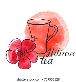 vector hibiscus tea at watercolor background, hand drawn illustration