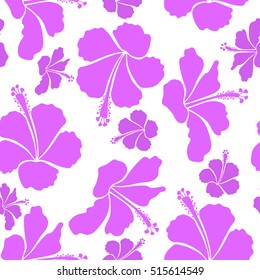 Vector hibiscus in violet colors on a white background. Seamless pattern with tropical flowers in watercolor style.