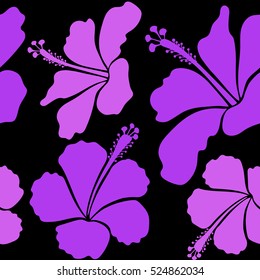 Vector hibiscus in violet colors on a black background. With tropical flowers in watercolor style.