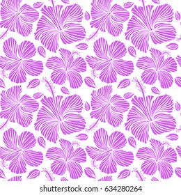 Vector hibiscus in violet colors on a white background. Seamless pattern with tropical flowers in watercolor style.