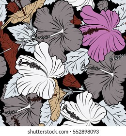 Vector hibiscus in violet and gray colors on a black background. Seamless pattern with tropical flowers in watercolor style.