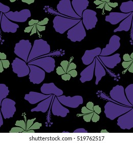 Vector hibiscus in violet and green colors on a black background. Seamless pattern with tropical flowers in watercolor style.