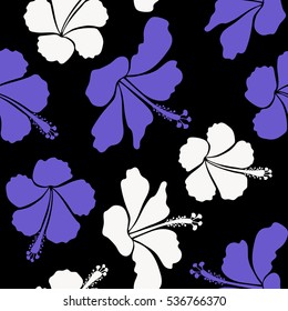 Vector hibiscus in violet and white colors on a black background. Seamless pattern with tropical flowers in watercolor style.