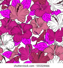 Vector hibiscus in white, magenta and pink colors on a white background. Seamless pattern with tropical flowers in watercolor style.