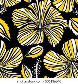 Vector hibiscus in white and yellow colors on a black background. Seamless pattern with tropical flowers in watercolor style.