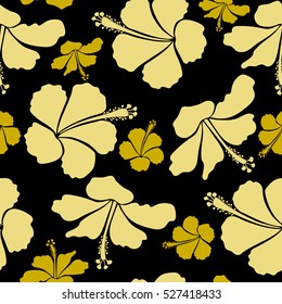 Vector hibiscus in yellow colors on a black background. Seamless pattern with tropical flowers in watercolor style.