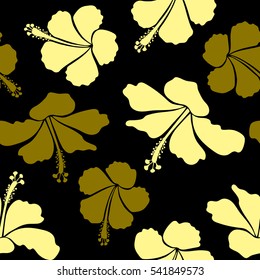Vector hibiscus in yellow colors on a black background. Seamless pattern with tropical flowers in watercolor style.