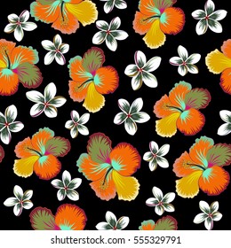 Vector hibiscus in yellow, red and green colors on a black background. Seamless pattern with tropical flowers in watercolor style.
