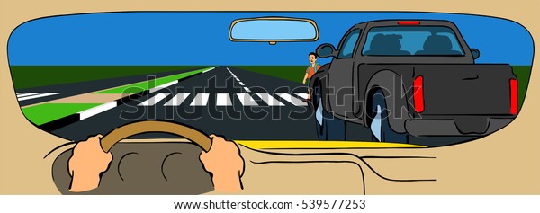 Vector Hidden Pedestrian traffic regulation and
awareness truck is blocking vision of driver as he is unable to
clearly see boy crossing road so  slow down reduce speed to avoid
unexpected accident 