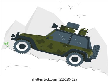 Vector hi-detailed silhouette army Car hiking in Mountain isolated on white background. Green car hiking in Mountain trendy stylish graphic design vector illustration. vector illustration