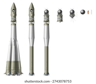 Vector hi-detailed space rocket with first spaceship. Available EPS-10 vector format separated by groups and layers for easy edit