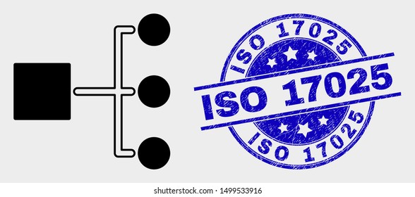Vector hierarchy pictogram and ISO 17025 stamp. Red round distress seal stamp with ISO 17025 caption. Vector combination in flat style. Black isolated hierarchy pictogram. svg