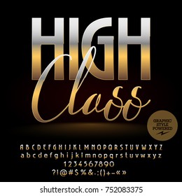 Juego de letras de alfabeto dorado de alta clase, números y símbolos. El tipo de letra chic contiene el estilo gráfico