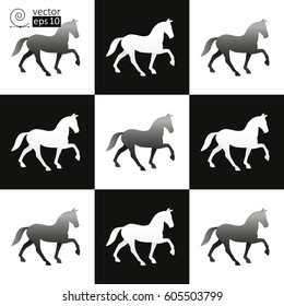 Vector high contrast pattern with silhouettes of walking gradient painted horses in gray tones. It can be used for printing, package paper, greeting cards etc