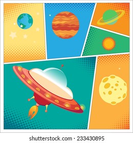 Vector a high detail. Typical comic book page with Spacecraft in a bubbles. Comic Editable Spaceship. Space for text. Halftone image. Cute cartoon Flying Shuttles. Illustration starship in vector