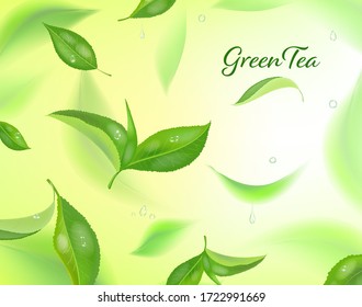 Vector de fondo detallado con hojas de té verde en movimiento. Hojas de té borrosas. Pancarta conceptual realista para publicidad, envasado o productos de té.