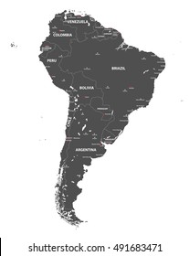 mapa vectorial detallado de Sudamérica. Todas las capas desmontables y etiquetadas.