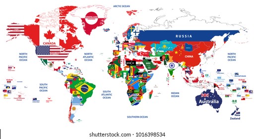 vector high detailed map of the world jointed with countries flags