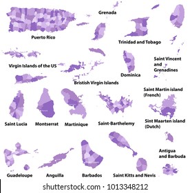 vector high detailed maps of Central American and Caribbean countries with administrative divisions (regions borders)