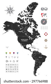 vectorial mapa político detallado del continente americano con iconos de navegación, ubicación y viaje