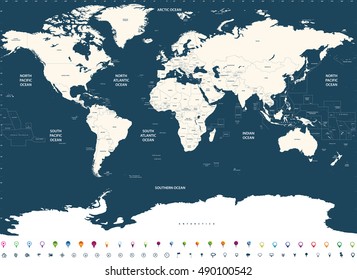 vector high detailed world political map with countries and oceans names and location\navigation icons. All layers detachable and labeled. Vector