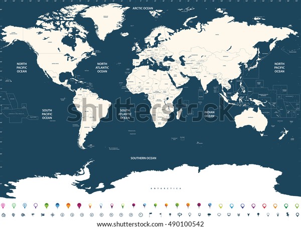 国や海の名前と場所 ナビゲーションアイコンを含む 世界の高い詳細な世界の政治地図 すべてのレイヤーが取り外し可能で ラベル付けされます ベクター画像 のベクター画像素材 ロイヤリティフリー
