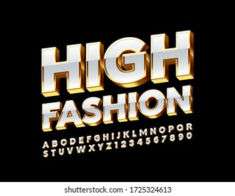 Vector High Fashion White and Golden Font. Glamour shiny Alphabet Letters and Numbers