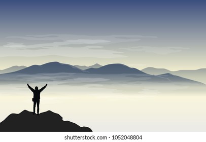 Vector high mountain scenery with man celebrating the achievment and enjoying view