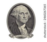 Vector high pixel mosaic portrait of the first US President Washington in an oval and with a ribbon. White isolated background.