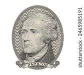 Vector high pixel mosaic portrait of Alexander Hamilton in an oval and with a ribbon. Sticker or badge. White isolated background