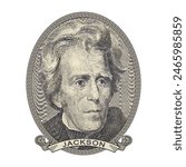 Vector high pixel mosaic portrait of the 7th US President Andrew Jackson in an oval and with a ribbon. Sticker or badge. White isolated background.